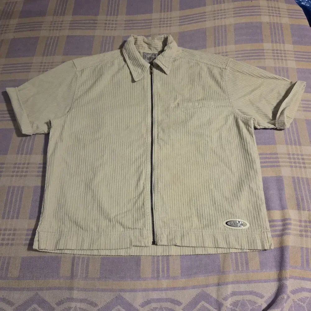 Vintage Levis Silver Tab Corduroy Shirt Ivory 90s Y2k Short Sleeve Zip Up Skater